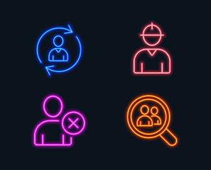 Neon lights. Set of Person info, Delete user and Engineer icons. Search employees sign. Refresh user data, Remove profile, Worker profile. Staff analysis.  Glowing graphic designs. Vector