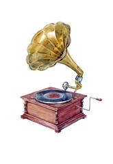 Watercolor drawn vintage gramophone on white background (isolated)