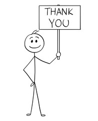 Cartoon stick man drawing conceptual illustration of happy smiling businessman holding sign with thank you text.