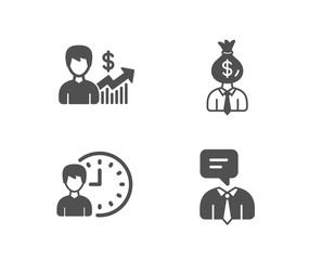 Fototapeta premium Set of Business growth, Manager and Working hours icons. Support service sign. Earnings results, Work profit, Project deadline. Human talking. Quality design elements. Classic style. Vector