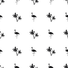Seamless pattern of small black flamingos and palm trees on a white background - obrazy, fototapety, plakaty