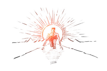 Vector hand drawn the best start concept sketch. Business man sitting on his haunches on road and preparing to start running.