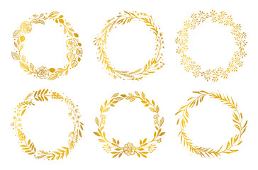 Gold flower wreaths. Hand drawn design elements. Floral pattern vector illustration.