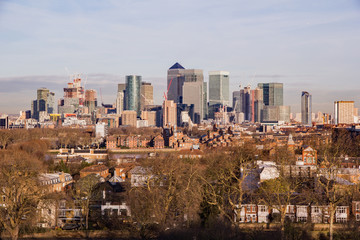 Construction boom continues on the bustling Isle of Dogs or Docklands business district seen from...