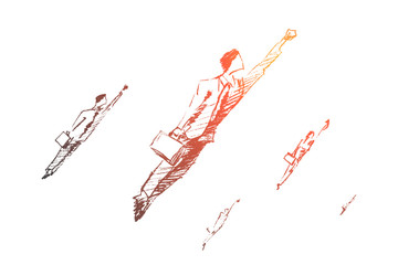 Vector hand drawn only forward concept sketch. Business people jumping up and flying towards new opportunities and achievements.