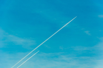 the trail from an airplane in the sky over the city