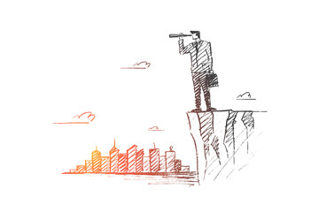 Vector hand drawn searching concept sketch. Businessman standing on the edge of hill and looking forward through spyglass with scyscrapers of big city at background.