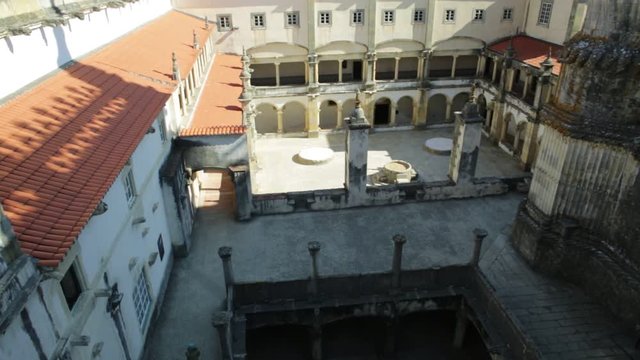 Aerial view of cloister of Santa Barbara. The Convent of Christ is a Templar Castle in Tomar, Portugal, Tomar. Aerial view of Monastery.