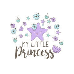 Little Hand drawn sea star, flowers and shells in pastel colors. Cute Illustration for baby showers, birthday, t-shirts, mugs, cards and backgrounds. Doodle funny character design