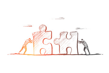 Vector hand drawn team concept sketch. Two men moving puzzle pieces towards each other to assemble it.