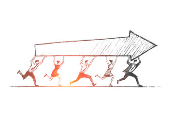 Vector hand drawn teamwork concept sketch. Team of five people running together and carrying indicator of success in common business.