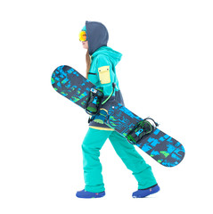 Young snowboarder girl holding snowboard isolated.
