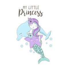 Little Hand drawn dolphin and mermaid holding a sea star in pastel colors. Cute Illustration for baby showers, birthday, t-shirts, mugs, cards and backgrounds. Doodle funny character design
