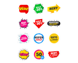 Naklejka premium Sale banners. Best offers, discounts tags. Market sale flyers or Clearance special offers. Shopping sale stars templates. Vector illustration