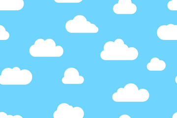 Cartoon white clouds in blue sky seamless pattern, vector illustration in flat style.