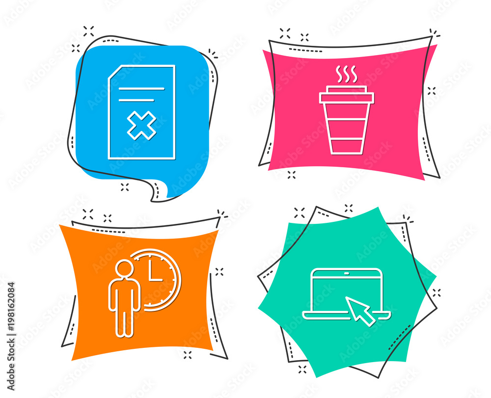 Poster set of delete file, waiting and takeaway icons. portable computer sign. remove document, service tim