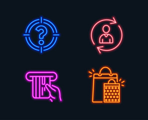 Neon lights. Set of Person info, Headhunter and Credit card icons. Shopping bags sign. Refresh user data, Aim with question mark, Atm payment. Sale marketing.  Glowing graphic designs. Vector