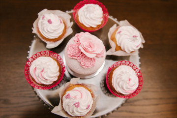 Red velvet cupcakes for Valentines Day in bright colorful setting, selection focus