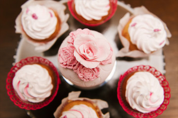 Red velvet cupcakes for Valentines Day in bright colorful setting, selection focus