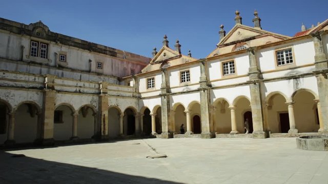 Panorama view of Micha Claustro from Portugal in Tomar. Claustro da Micha, in the Convent of Christ in Templar Castle. Unesco Heritage and popular destination in Europe.