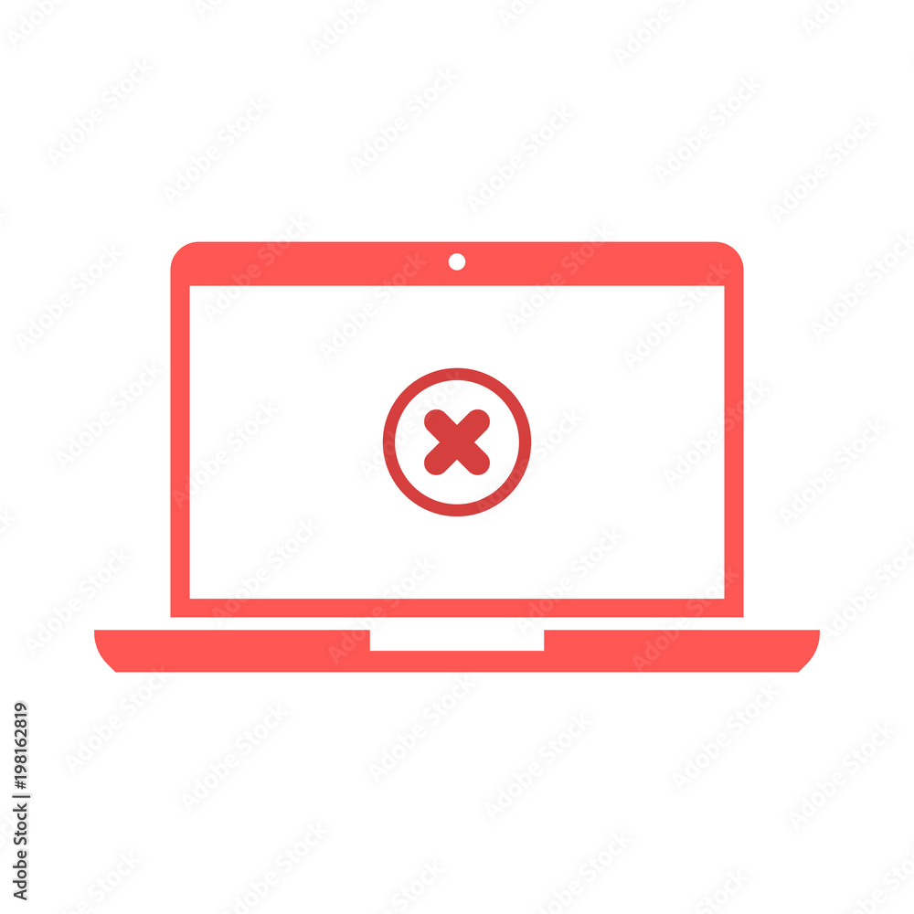 Poster laptop and x mark. notebook and round red cross mark icon on white screen. error window, exit button
