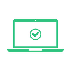 Laptop and check mark. Notebook and round green tick icon, checkmark on white screen. Successful update, accept, ok button, task completed concepts. Modern long shadow flat design. Vector illustration