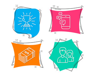 Set of Usd currency, Trophy and Communication icons. Teamwork sign. Buying commerce, Winner cup, Smartphone messages. Man with woman.  Flat geometric colored tags. Vivid banners. Trendy graphic design