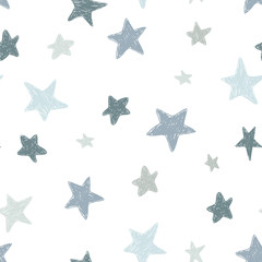 Vector kids pattern with doodle textured stars. Vector seamless background, black, gray, white, scandinavian style