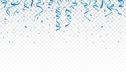 Blue confetti and ribbon, isolated on transparent background