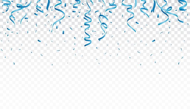 Blue confetti and ribbon, isolated on transparent background