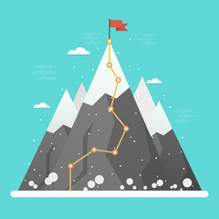 Flag on the mountain peak. Hiking trail. Business concept, goal achievement, success, winning. Flat style, vector illustration.