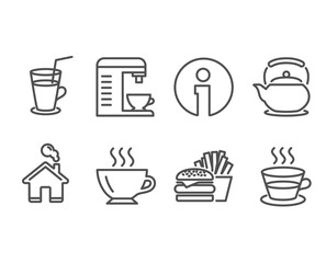 Set of Cocktail, Coffee machine and Coffee icons. Burger, Teapot signs. Fresh beverage, Cappuccino machine, Cappuccino. Cheeseburger, Tea kettle, Tea mug.  Information and Home design elements