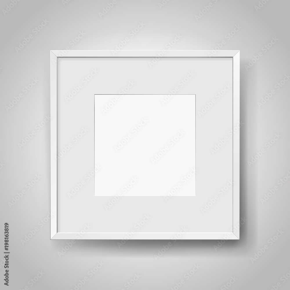 Poster realistic empty squre white frame with passepartout on gray background, border for your creative pro