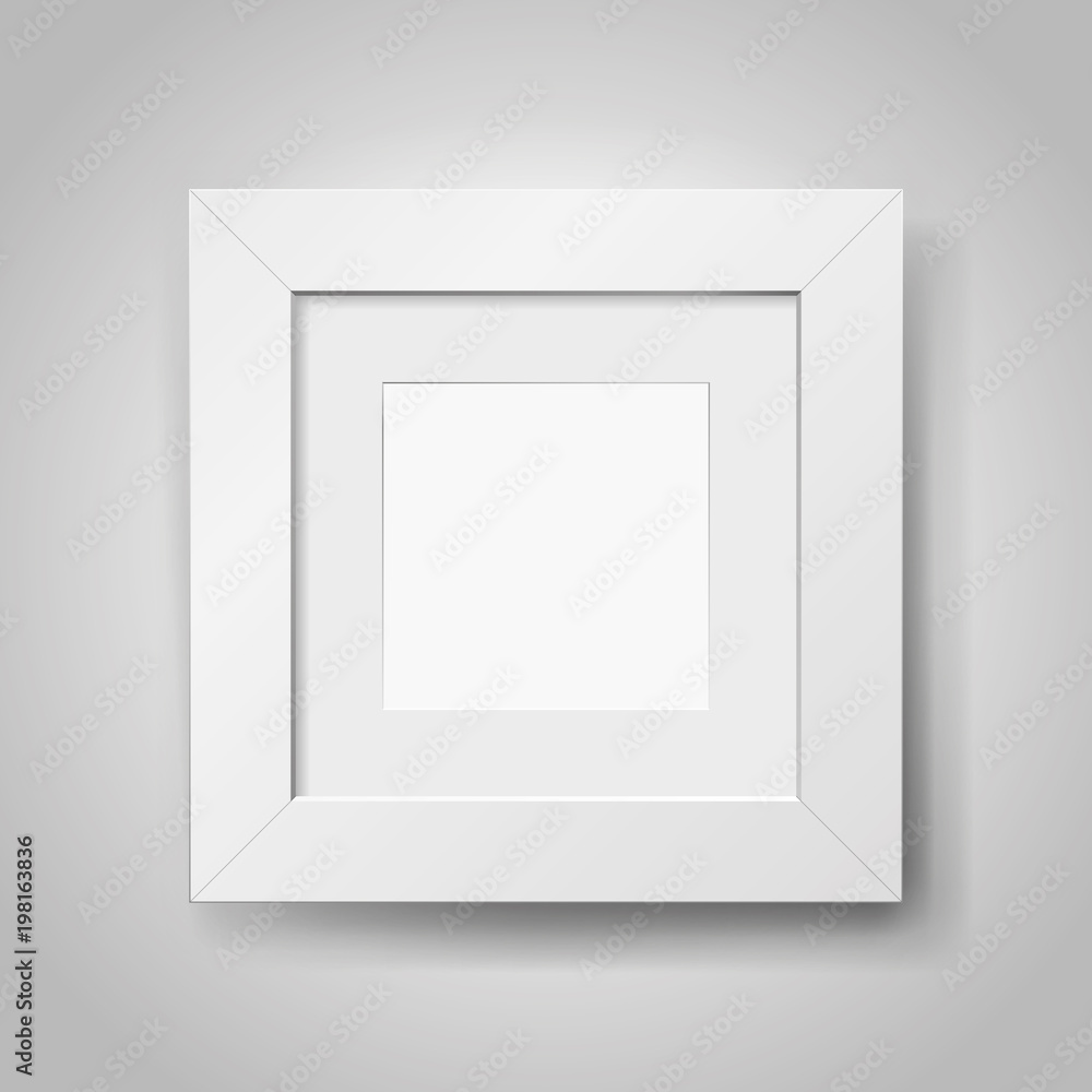 Poster realistic empty squre white frame with passepartout on gray background, border for your creative pro