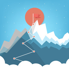 Flag on the mountain peak. Hiking trail. Business concept, goal achievement, success and winning. Flat style vector