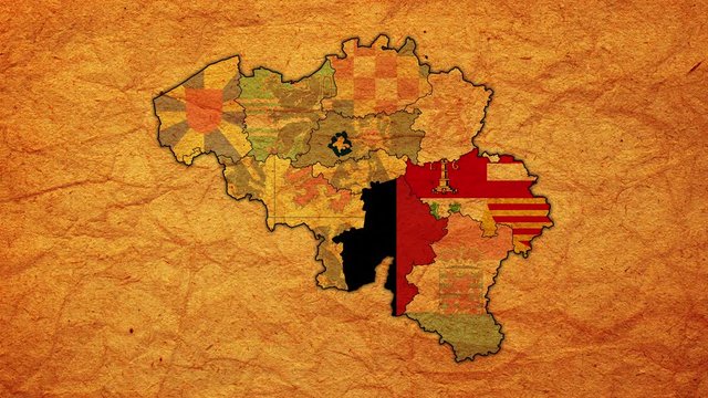 Vintage administration map of belgium with flashing flags of administrative divisions
