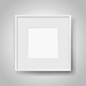 Realistic empty squre white frame with passepartout on gray background, border for your creative project, mock-up sample, picture on the wall, vector design object