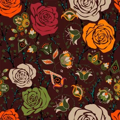 Foto auf Leinwand Colorful pattern with roses. Decorative flowers, seamless pattern. Wallpaper for iphone cover, textile, web, cards, invitations, curtains © sunny_lion