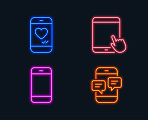 Neon lights. Set of Smartphone, Tablet pc and Love chat icons. Phone messages sign. Cellphone or phone, Touchscreen gadget, Smartphone. Mobile chat.  Glowing graphic designs. Vector