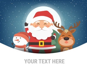 vector santa cartoon with funny santa claus and red nosed reindeer. christmas background illustration