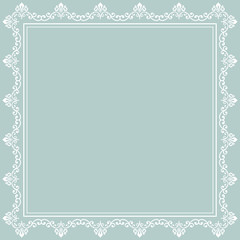 Classic vector square frame with arabesques and orient elements. Abstract light blue and white ornament with place for text. Vintage pattern