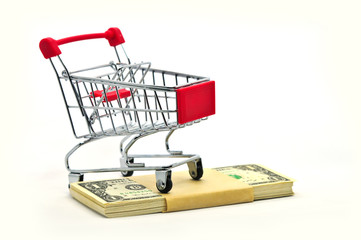 Shopping cart on stack of money isolated on White Background