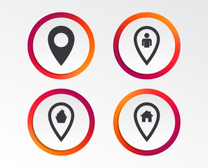 Map pointer icons. Home, food and user location symbols. Restaurant and cupcake signs. You are here. Infographic design buttons. Circle templates. Vector