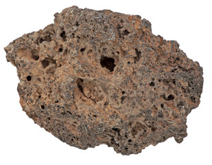 A closeup of volcanic rock against a white background.