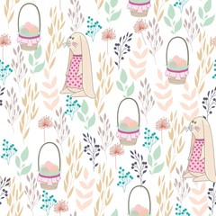 Vector seamless pattern with flowers and bunny.