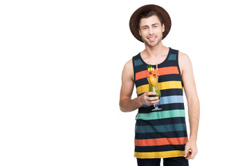 Fototapeta premium smiling man in hat with cocktail, isolated on white