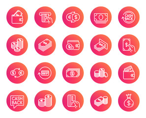 Money line icons. Set of Banking, Wallet and Coins signs. Credit card, Currency exchange and Cashback service. Euro and Dollar symbols. Trendy gradient circle buttons. Quality design elements. Vector