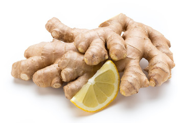 Ginger bio and lemon on white background.