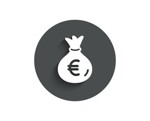 Money bag simple icon. Cash Banking currency sign. Euro or EUR symbol. Circle flat button with shadow. Vector