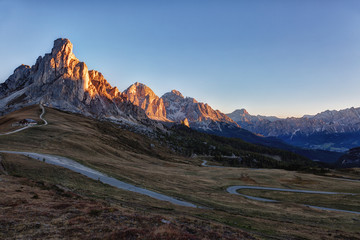 Mountain Passo Giau in Dolomite Alps at sunrise, Italy